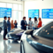 A bright car showroom with a sleek, futuristic car in the foreground and a group of people discussing financing options, surrounded by digital scre...