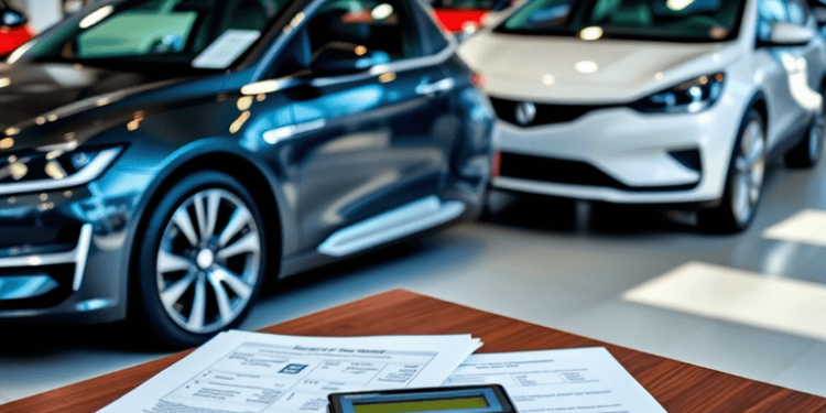 A modern car dealership displaying various vehicles, including a sleek electric car, with financial documents and a calculator on a table in a brig...