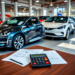 A modern car dealership displaying various vehicles, including a sleek electric car, with financial documents and a calculator on a table in a brig...