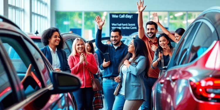 A modern car dealership filled with people exploring vehicles, showcasing excitement and interest in the auto loan process, with bright colors and ...