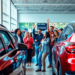 A modern car dealership filled with people exploring vehicles, showcasing excitement and interest in the auto loan process, with bright colors and ...