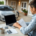A person sitting at a desk with a laptop, reviewing financial documents and car loan options, with a parked car outside a home in the background. E...