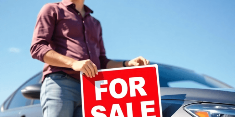 A person stands next to a well-maintained car, holding a "For Sale" sign on a sunny day with a clear blue sky, conveying positivity and opportunity.