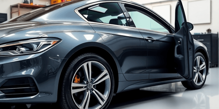 A shiny, well-maintained car parked in a bright environment, surrounded by tools and a checklist, emphasizing care and attention to vehicle mainten...