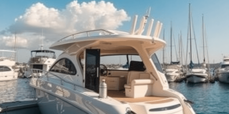 A sleek boat docked at a sunny marina, reflecting in clear blue water with fluffy clouds overhead, creating a serene atmosphere of adventure and fr...