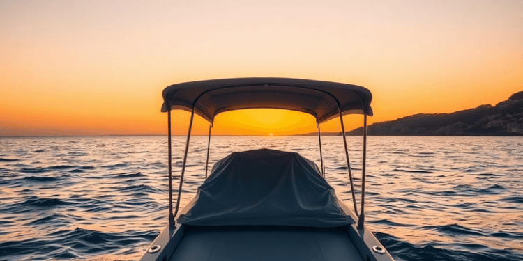 A sleek boat with a protective cover floats on calm waters at sunset, surrounded by a picturesque shoreline and gentle waves, evoking tranquility a...