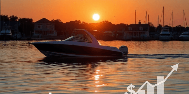 A tranquil boat floats on calm waters at sunset, with a marina in the background and subtle financial symbols reflected in the water, evoking excit...