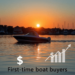A tranquil boat floats on calm waters at sunset, with a marina in the background and subtle financial symbols reflected in the water, evoking excit...