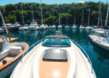 A tranquil marina with various boats, including a prominent electric boat, surrounded by greenery and clear blue water, reflecting sunlight for a w...
