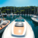 A tranquil marina with various boats, including a prominent electric boat, surrounded by greenery and clear blue water, reflecting sunlight for a w...