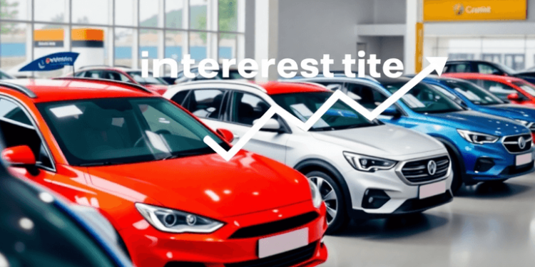 A vibrant modern car dealership showcasing various vehicles, with a graphic of fluctuating interest rates in the background, symbolizing informed a...