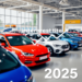 A vibrant modern car dealership showcasing various vehicles, with a graphic of fluctuating interest rates in the background, symbolizing informed a...