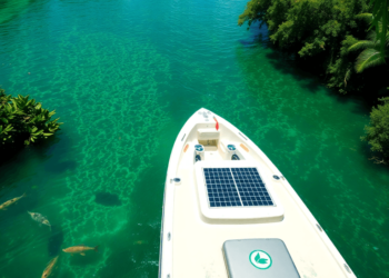 A clean boat with solar panels glides through clear blue waters, surrounded by lush greenery and vibrant aquatic life, highlighting eco-friendly bo...