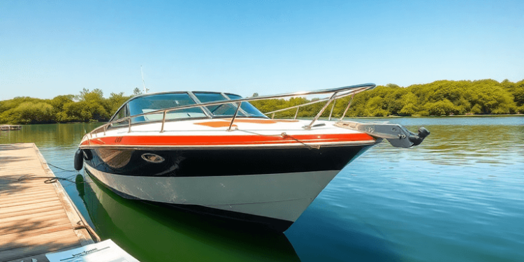 A gleaming boat docked by a tranquil lake, surrounded by lush greenery and clear blue skies, with maintenance tools subtly placed nearby, evoking a...