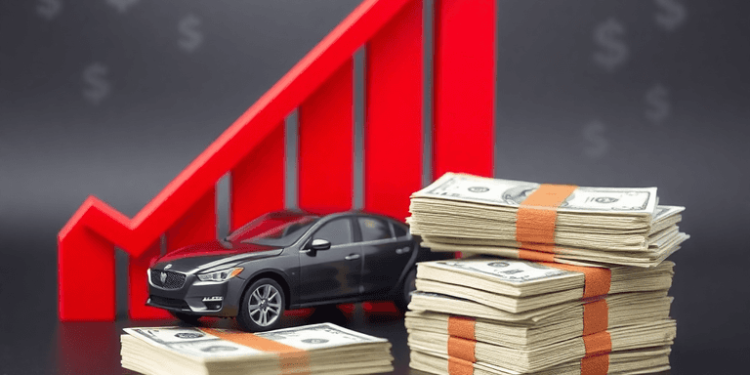 A graph showing rising inflation rates next to a car and a stack of money, with subtle economic symbols in the background, illustrating auto financ...