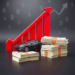 A graph showing rising inflation rates next to a car and a stack of money, with subtle economic symbols in the background, illustrating auto financ...