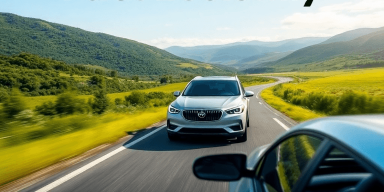 A modern car cruises along a scenic road surrounded by lush greenery and clear skies, representing eco-friendliness and fuel efficiency.