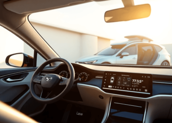 A modern car interior featuring a digital dashboard with advanced driver-assistance systems, alongside an autonomous vehicle in a futuristic setting.