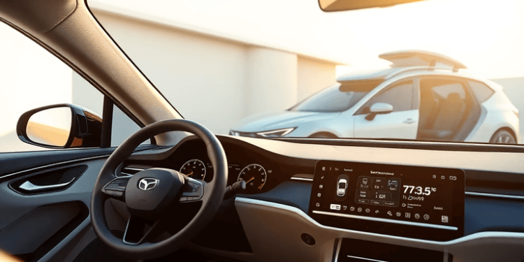 A modern car interior featuring a digital dashboard with advanced driver-assistance systems, alongside an autonomous vehicle in a futuristic setting.