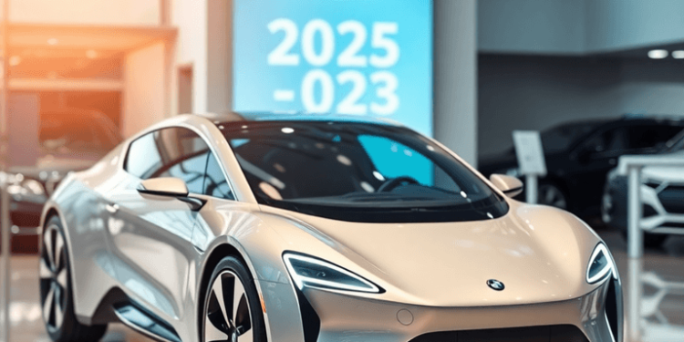 A modern car showroom featuring a sleek, futuristic vehicle, bright lighting, and elements representing leasing versus buying, creating an inviting...