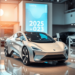 A modern car showroom featuring a sleek, futuristic vehicle, bright lighting, and elements representing leasing versus buying, creating an inviting...