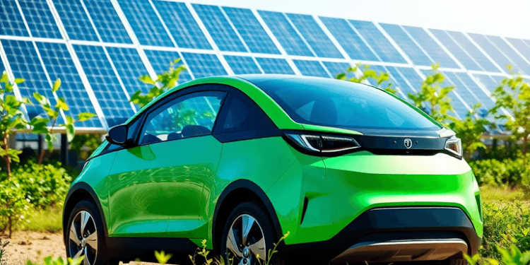 A modern electric vehicle surrounded by lush greenery and solar panels, symbolizing sustainability and innovation in a bright, uplifting atmosphere.