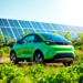 A modern electric vehicle surrounded by lush greenery and solar panels, symbolizing sustainability and innovation in a bright, uplifting atmosphere.