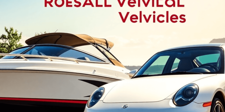 A sleek boat and a stylish car parked side by side under blue skies, surrounded by lush greenery and water, embodying adventure and the joy of recr...