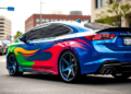 A sleek, modern car with custom wheels and a bright paint job parked in an urban area, reflecting individuality and market appeal.