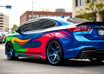 A sleek, modern car with custom wheels and a bright paint job parked in an urban area, reflecting individuality and market appeal.