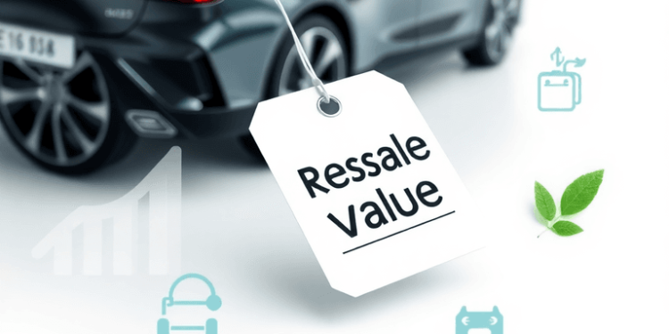 A sleek modern vehicle with a price tag, surrounded by market trend graphs, electric vehicle icons, and green leaves on a clean, professional backg...
