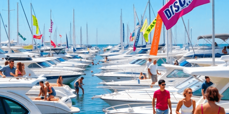 A sunny marina bustling with people exploring colorful boats for sale, vibrant flags fluttering in the breeze, and clear blue skies creating a live...