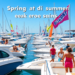 A sunny marina bustling with people exploring colorful boats for sale, vibrant flags fluttering in the breeze, and clear blue skies creating a live...