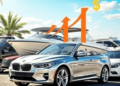 A sunny outdoor scene showcasing a traditional car and a recreational boat, with subtle symbols of financial growth like upward arrows and dollar s...