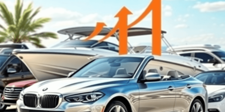 A sunny outdoor scene showcasing a traditional car and a recreational boat, with subtle symbols of financial growth like upward arrows and dollar s...
