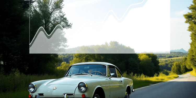 A vintage classic car parked on a scenic road, surrounded by greenery and a clear blue sky, with overlayed market trend graphs in the background.