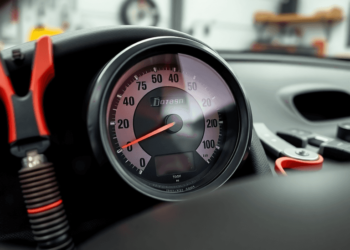 Close-up of a car's odometer displaying low mileage, surrounded by tools and DIY safety tech in a clean garage, highlighting vehicle maintenance an...