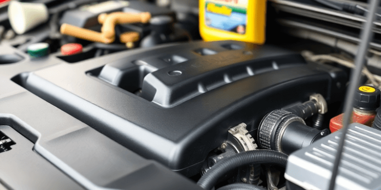 Close-up of a clean car engine with tools and oil change supplies in the background, emphasizing care and maintenance for optimal vehicle performance.