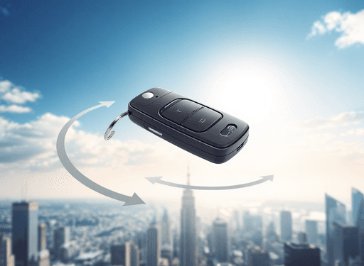 A sleek modern car key fob floats above an abstract cityscape with dynamic arrows and circular motion lines under a bright sky.
