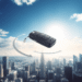 A sleek modern car key fob floats above an abstract cityscape with dynamic arrows and circular motion lines under a bright sky.