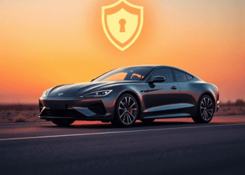 A sleek modern car on an open road at sunset with a glowing shield symbol hovering above, set against warm gradient skies symbolizing protection an...