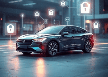A sleek modern car with digital data streams and glowing icons representing connectivity and security, set in a futuristic urban environment with s...