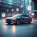 A sleek modern car with digital data streams and glowing icons representing connectivity and security, set in a futuristic urban environment with s...
