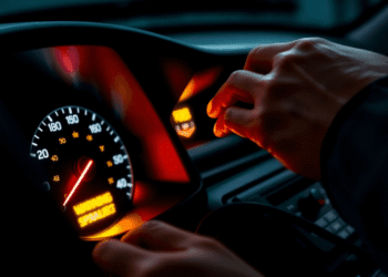 Close-up of a car dashboard with glowing warning lights and a mechanic’s hands inspecting an engine under the hood, highlighting urgent vehicle care.