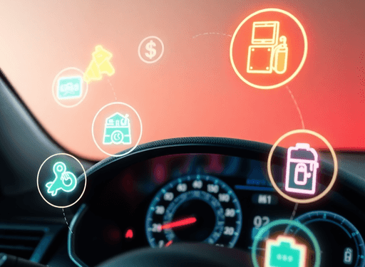 Close-up of a modern car dashboard with glowing icons of money, tools, fuel, and insurance floating around against a soft gradient background.