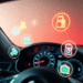 Close-up of a modern car dashboard with glowing icons of money, tools, fuel, and insurance floating around against a soft gradient background.