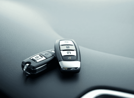 Close-up of a shiny car key fob on a smooth dashboard with a blurred sleek vehicle reflection in soft natural light.