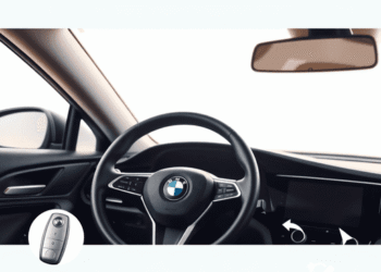 Close-up of a sleek car dashboard and steering wheel with soft light, key fob, and abstract icons symbolizing savings and negotiation on a neutral ...