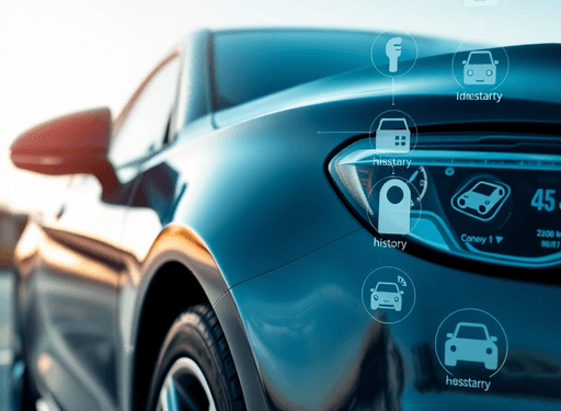 Close-up of a sleek used car outdoors with transparent digital data overlay, icons highlighting vehicle history and safety against a clear sky back...