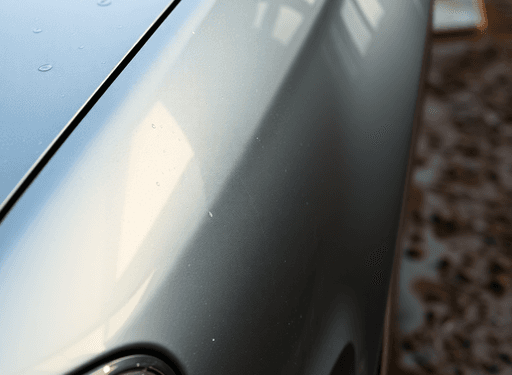 Close-up of a used car with water droplets and reflections, parked on muddy ground with soft natural light, highlighting hidden flood damage risks.